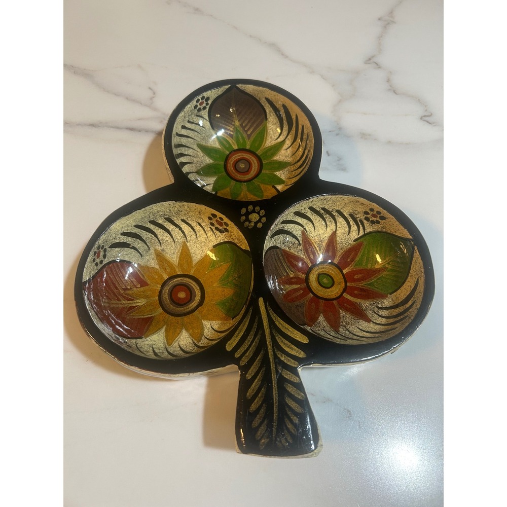 Vintage Hand Painted‎ Wooden Clover Divided Tray Floral Folk Art Serving Dish